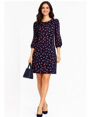 Ann Taylor Cherry Print Petite Navy Shift Dress, SP, MSRP $79